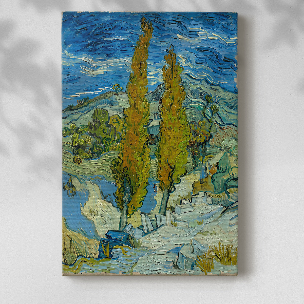 Canvas art print of a stylized nature scene with vertical trees and vivid tones with a soft shadow on a white background.