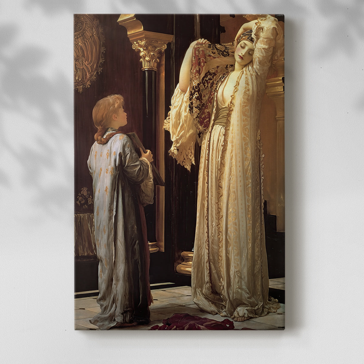 Canvas art print of an intimate interior with figures in flowing garments with a soft shadow on a white background.