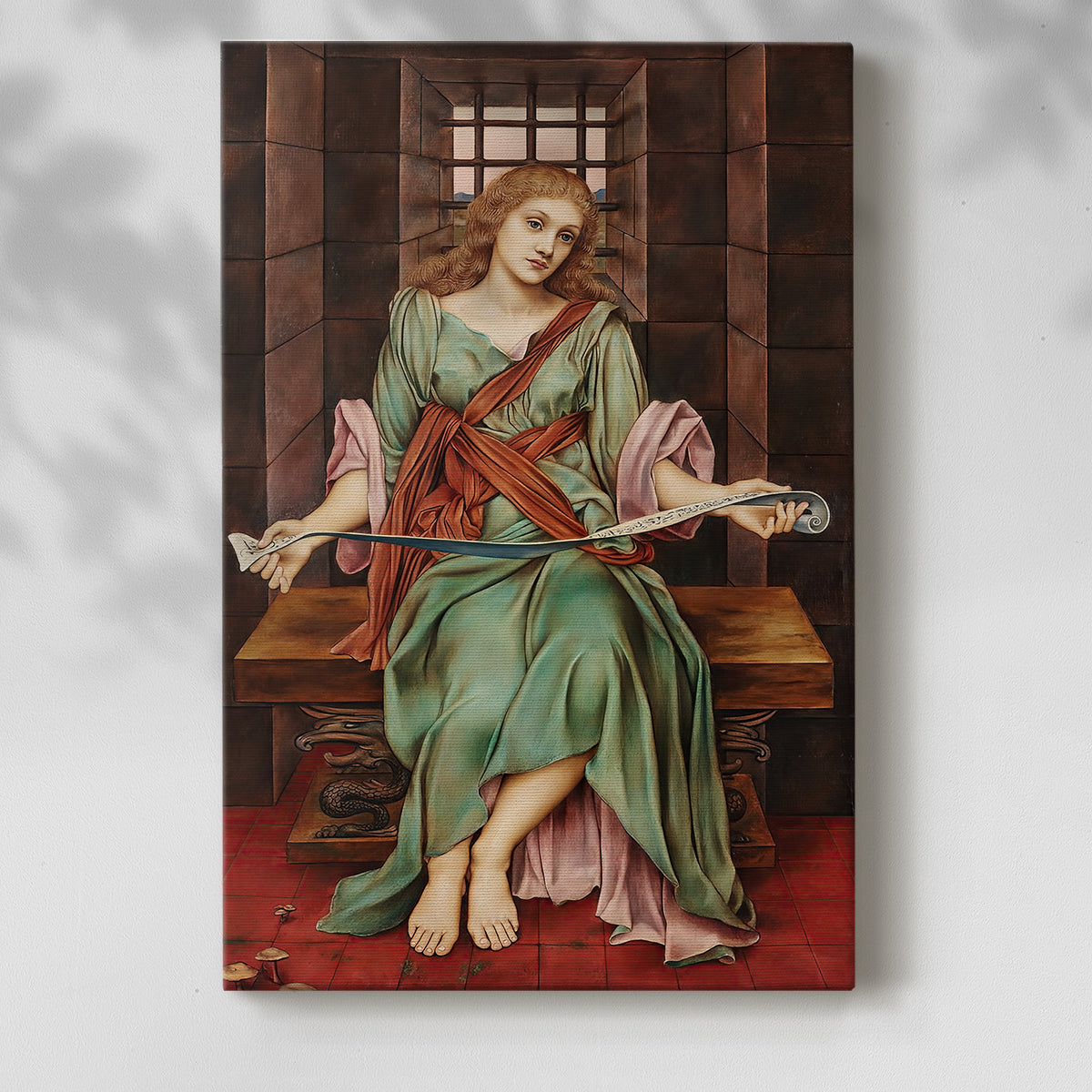 Canvas art print of an allegorical composition with a trapped figure and dark tones with a soft shadow on a white background.