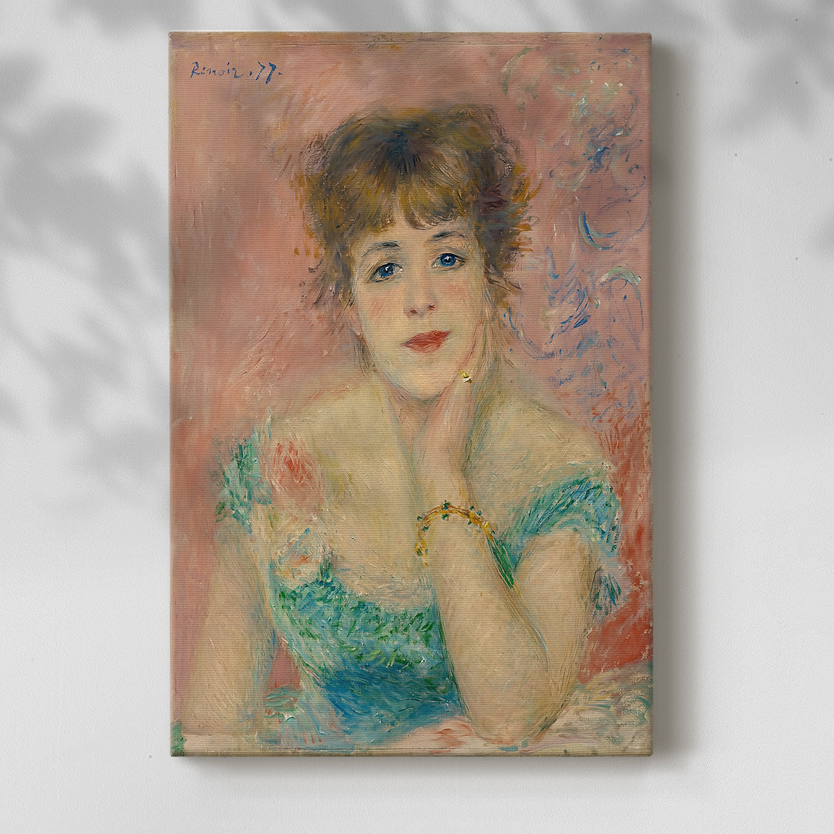 Canvas art print of a vibrant portrait with soft brushwork and expressive features with a soft shadow on a white background.