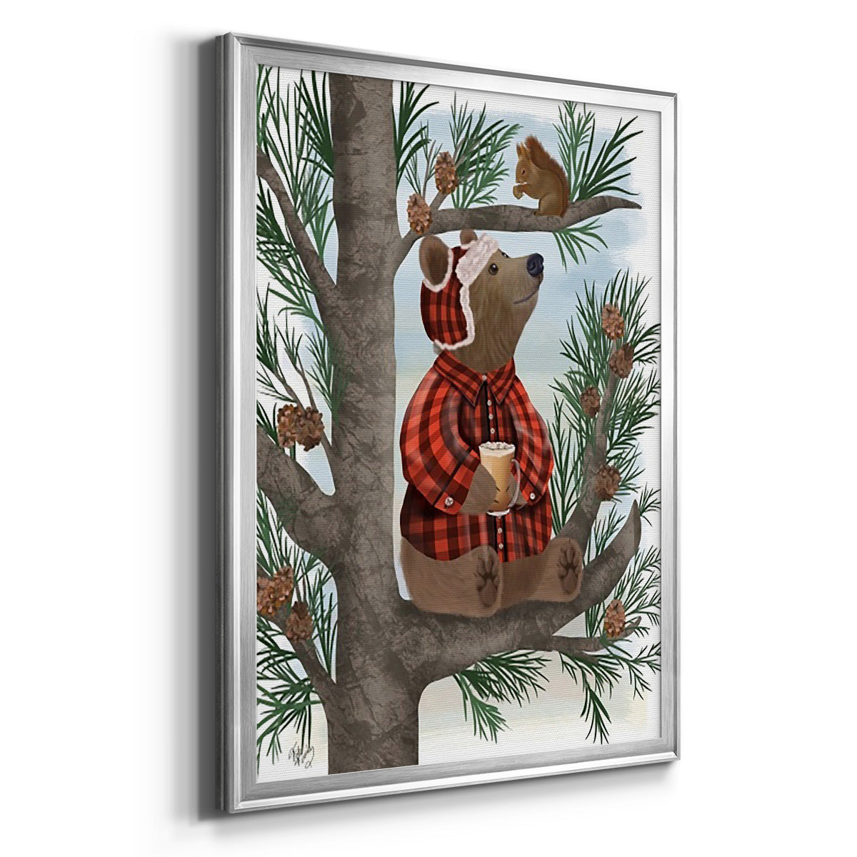 Lumberjack Bear Pine Tree Coffee Break - Modern Framed Canvas Print