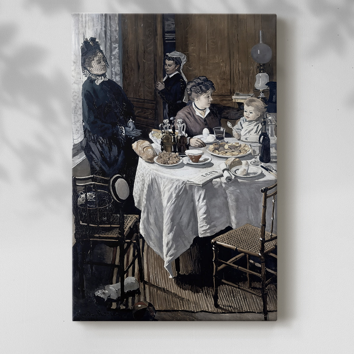 Canvas art print of a domestic scene with people seated in soft natural light with a soft shadow on a white background.