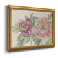 Modern peony floral drawing printed on canvas in an ornate antique gold frame.