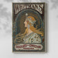 Canvas art print of a vintage advertisement featuring a stylized female figure and branding with a soft shadow on a white background.