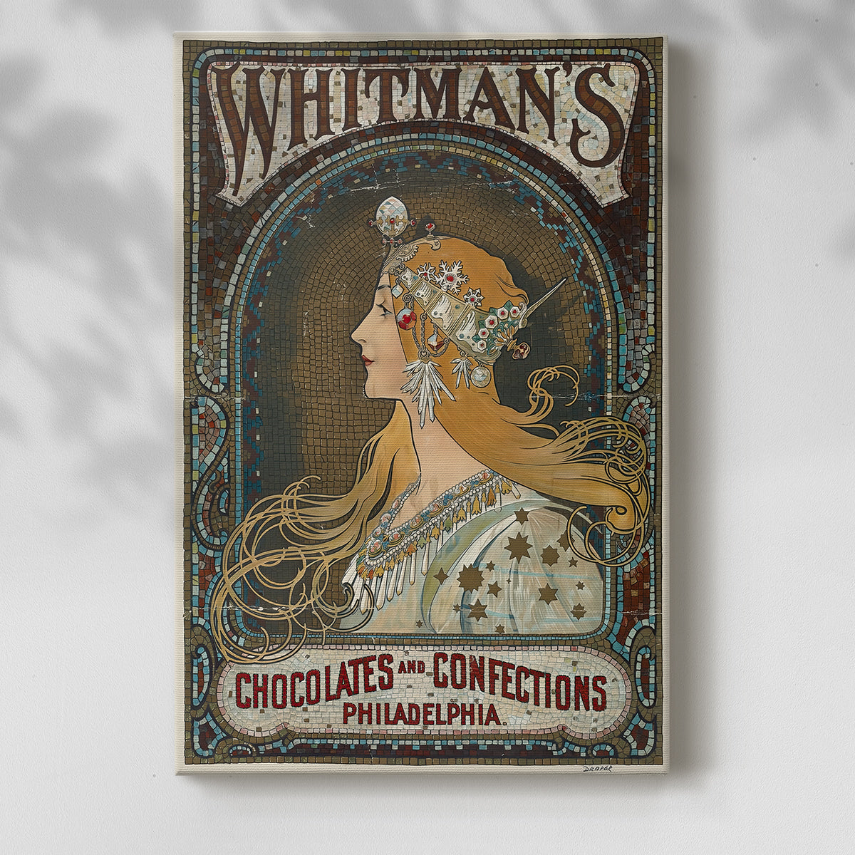 Canvas art print of a vintage advertisement featuring a stylized female figure and branding with a soft shadow on a white background.