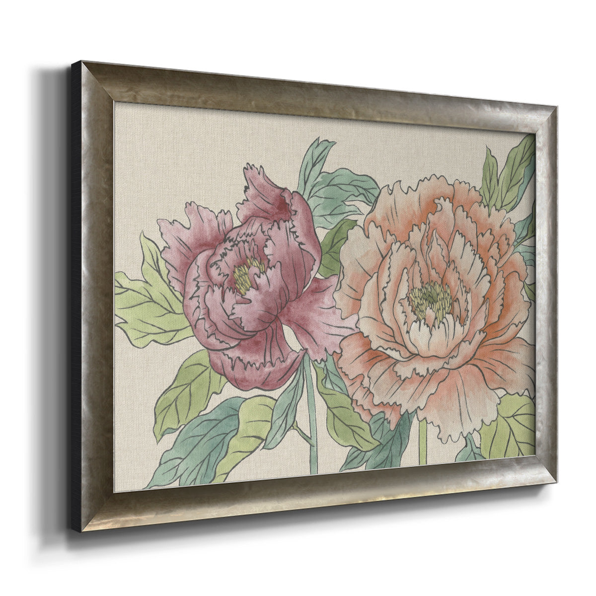Modern peony floral drawing printed on canvas in an ornate mottled silver frame.