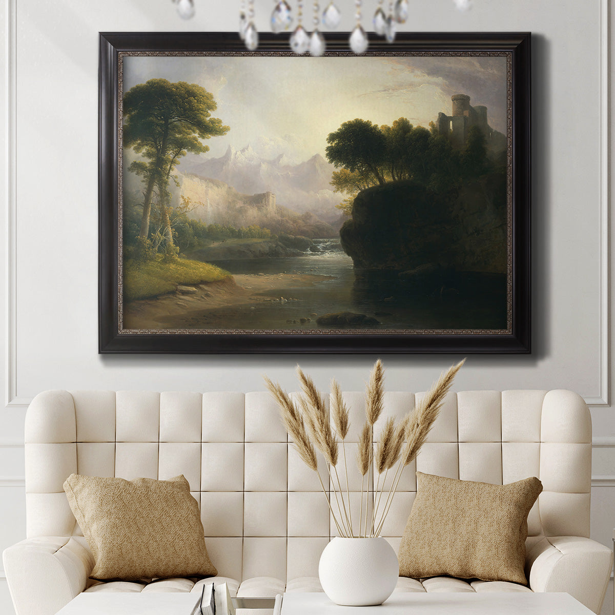 Romantic autumn landscape along the Hudson River by Thomas Doughty in an ornate black frame with gilded inner detail displayed in a neutral-toned interior setting.