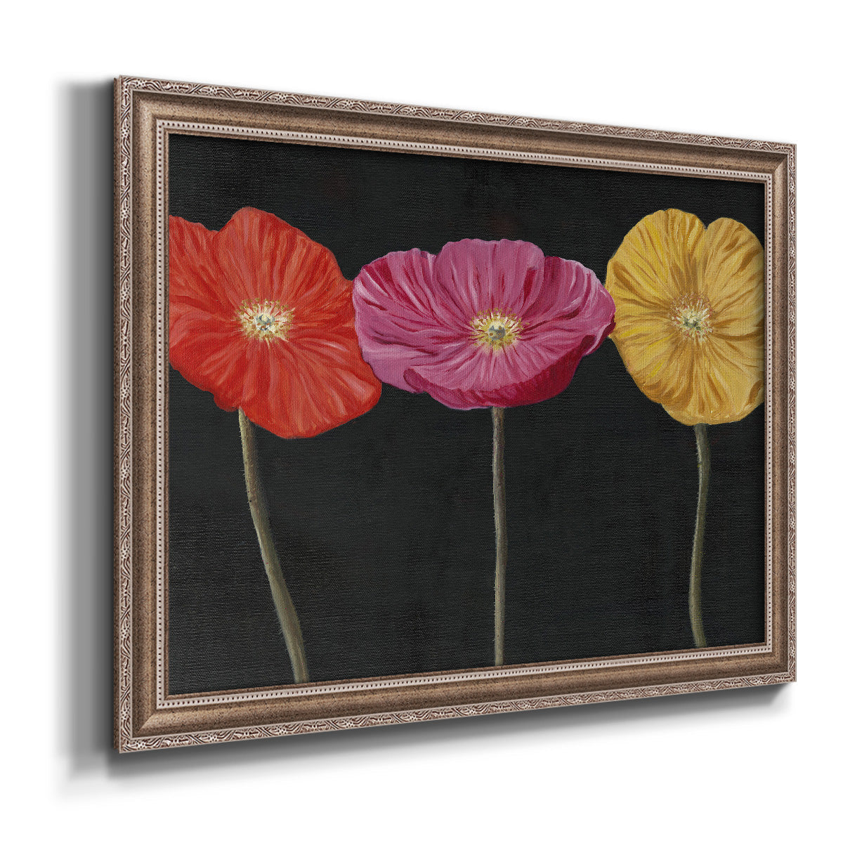 Contemporary poppy flower artwork printed on canvas in an ornate traditional silver frame.