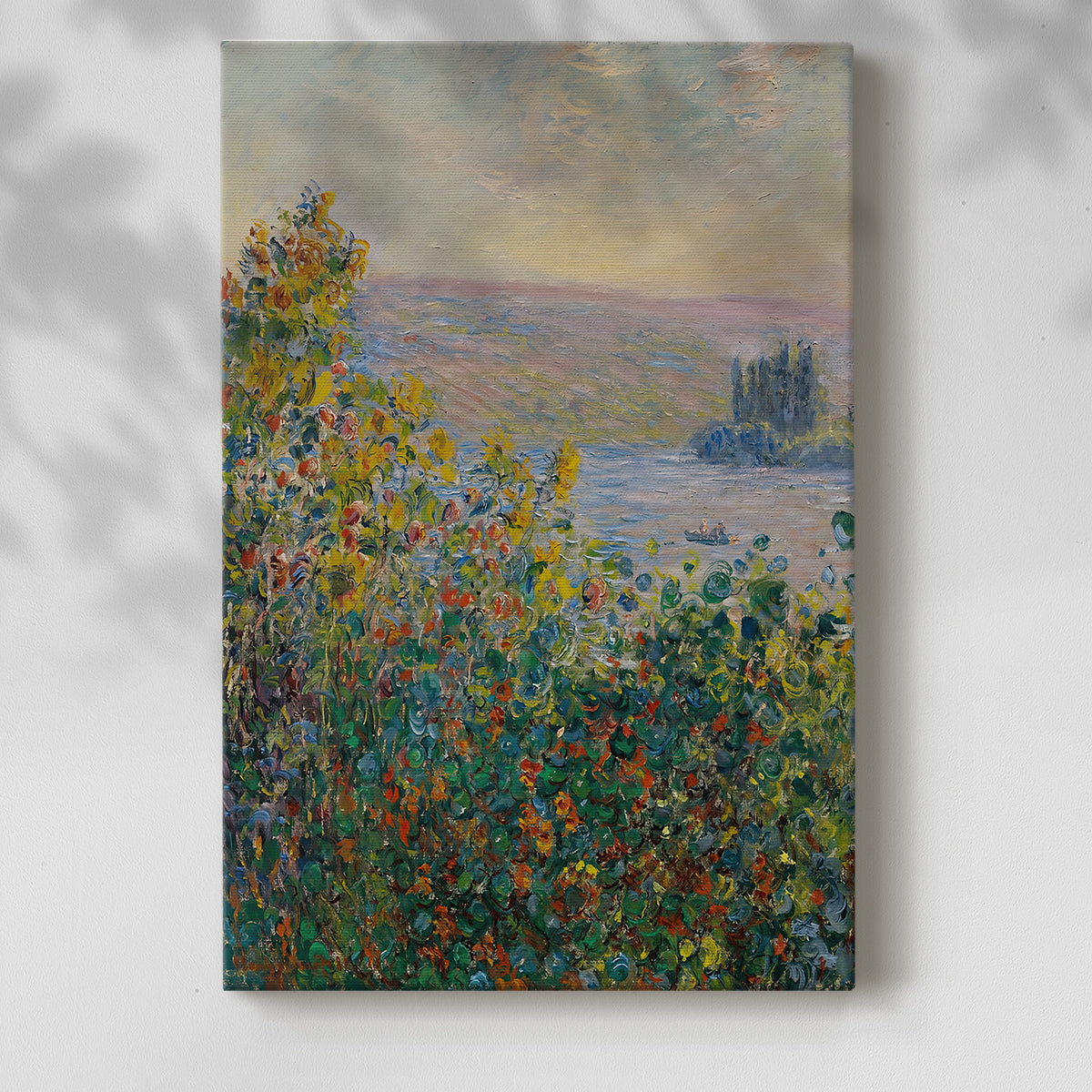 Canvas art print of a vibrant floral landscape with dense plant life and soft light with a soft shadow on a white background.