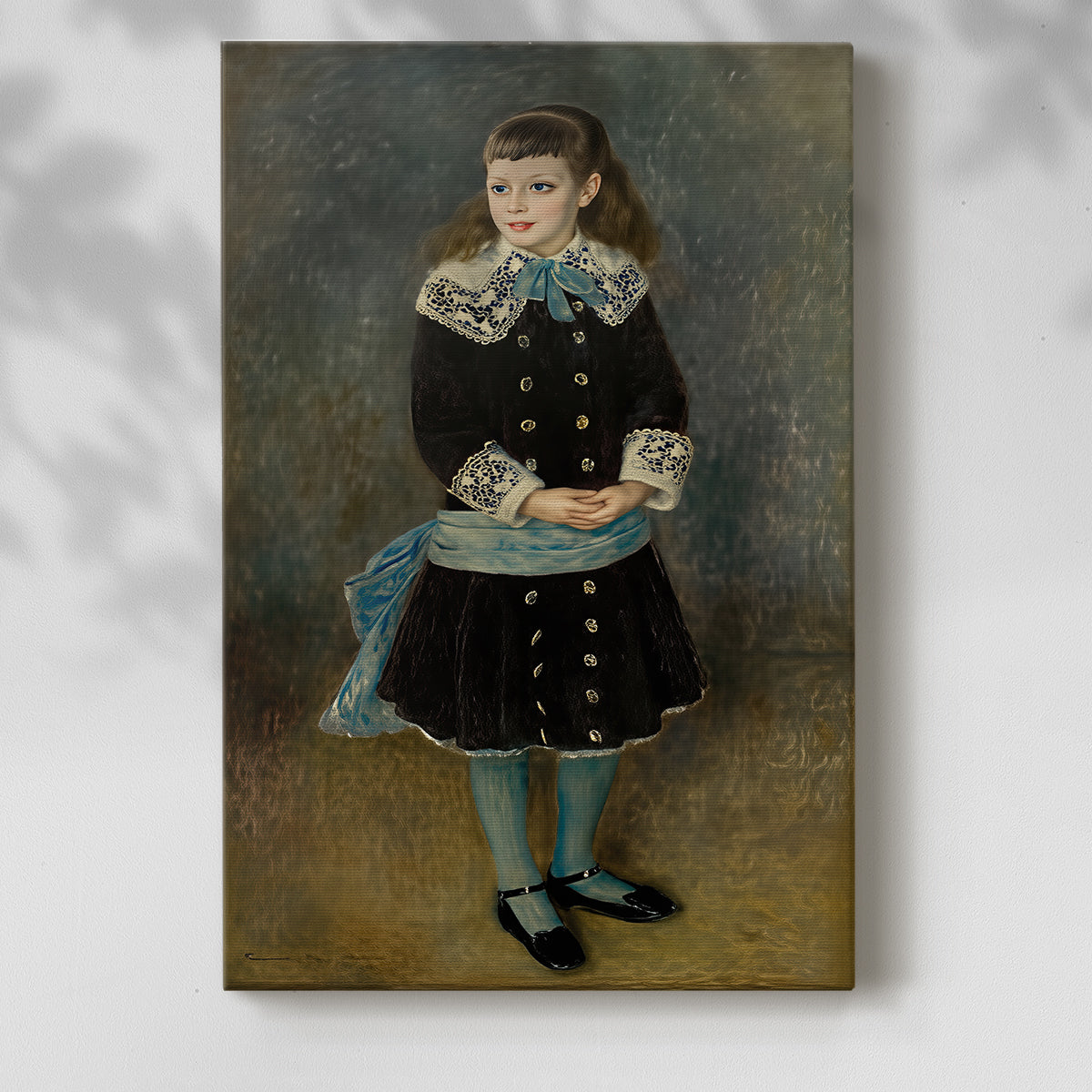Canvas art print of a gentle child portrait with subtle color and calm expression with a soft shadow on a white background.