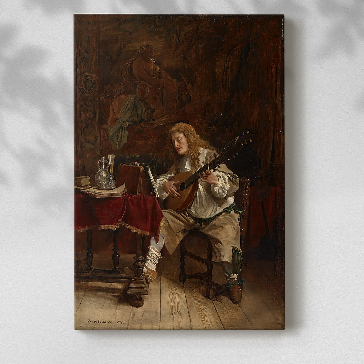 Canvas art print of a figure performing music with detailed clothing and setting with a soft shadow on a white background.