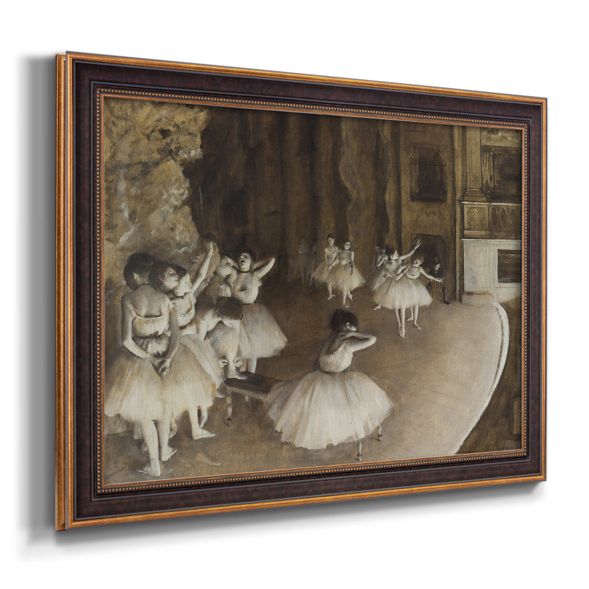 Impressionist ballet rehearsal scene by Edgar Degas printed on canvas in an ornate bronzed mahogany wood frame.