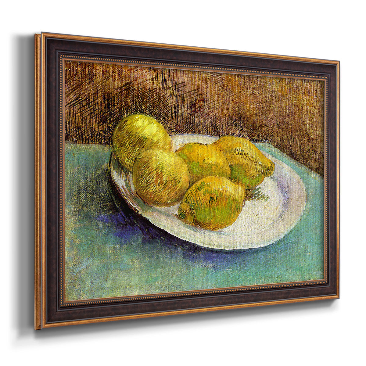 Impressionist still life with lemons by Vincent van Gogh printed on canvas in an ornate bronzed mahogany wood frame.