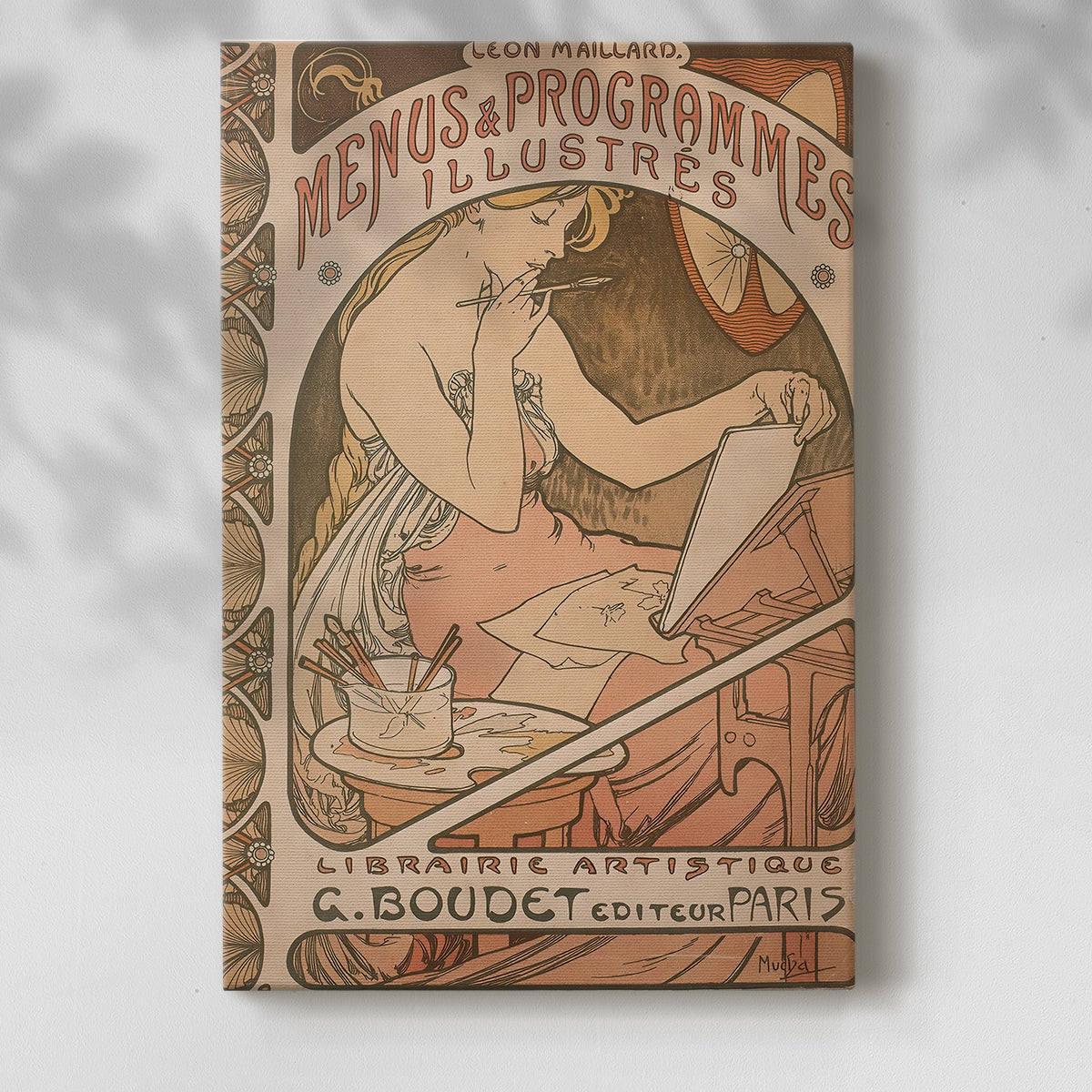 Canvas art print of a vintage advertisement featuring a stylized figure and decorative text with a soft shadow on a white background.