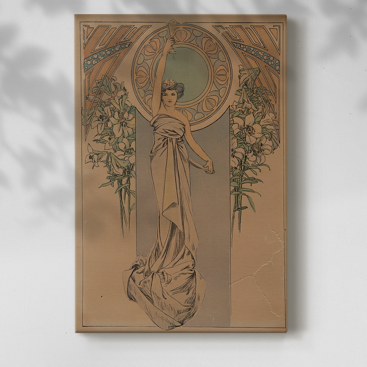 Canvas art print of a vintage menu design with ornate patterns and elegant composition with a soft shadow on a white background.