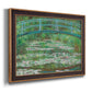 Impressionist garden scene with Japanese bridge and water lilies by Claude Monet printed on canvas in an ornate bronzed mahogany wood frame.