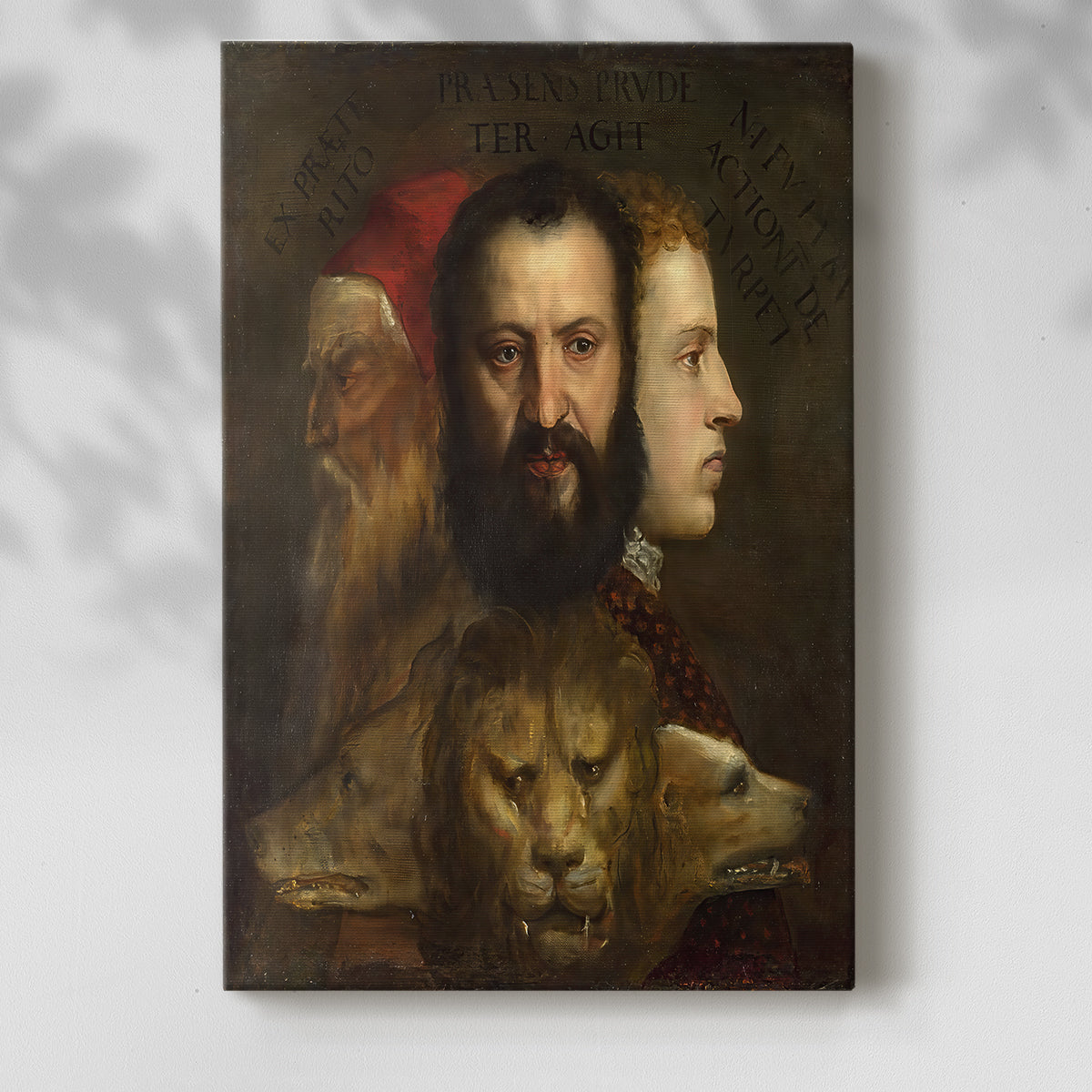 Canvas art print of a classical composition with layered figures and rich tones with a soft shadow on a white background.