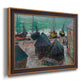 Impressionist coastal beach scene with boats by Claude Monet printed on canvas in an ornate bronzed mahogany wood frame.