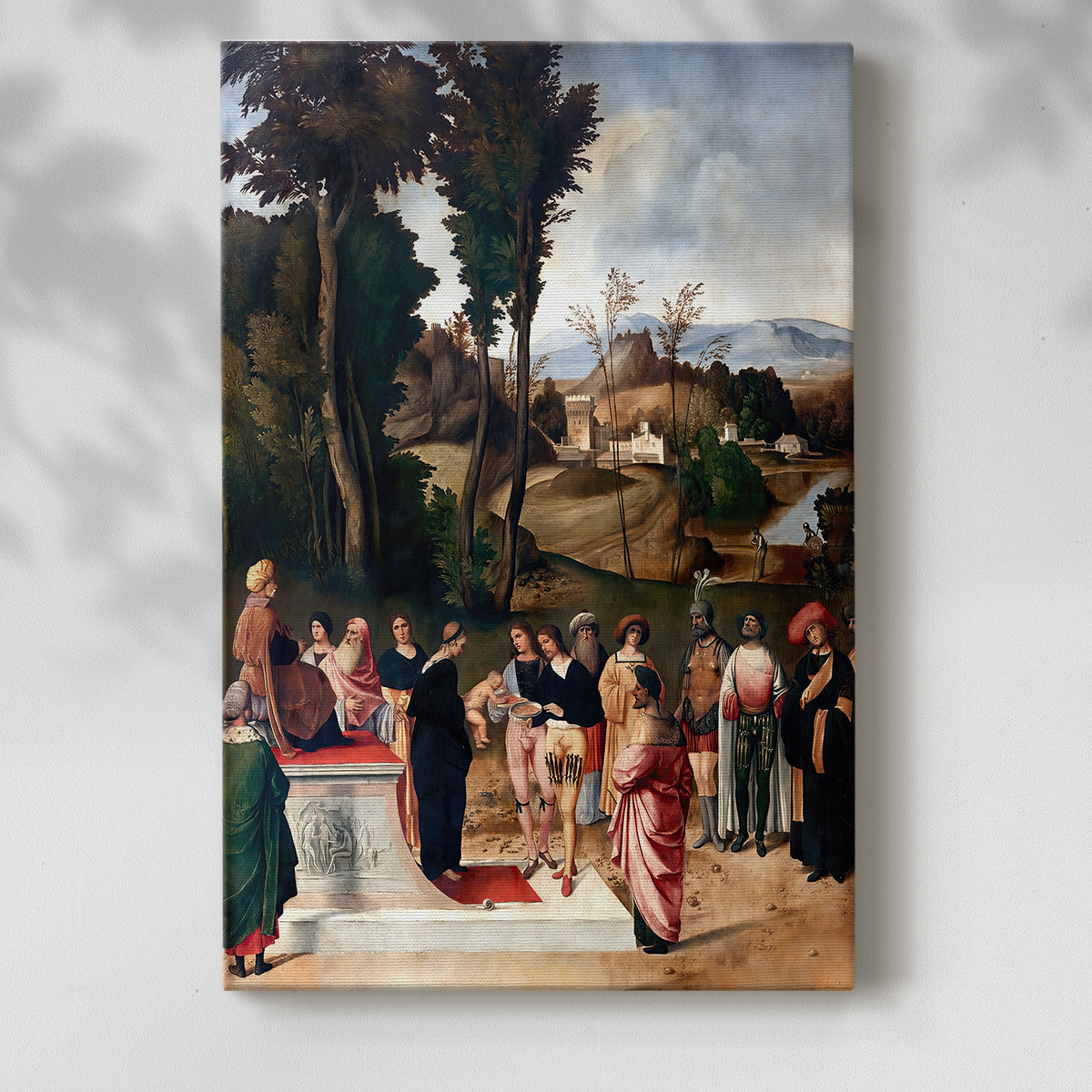 Canvas art print of a classical composition with multiple figures and architectural setting with a soft shadow on a white background.