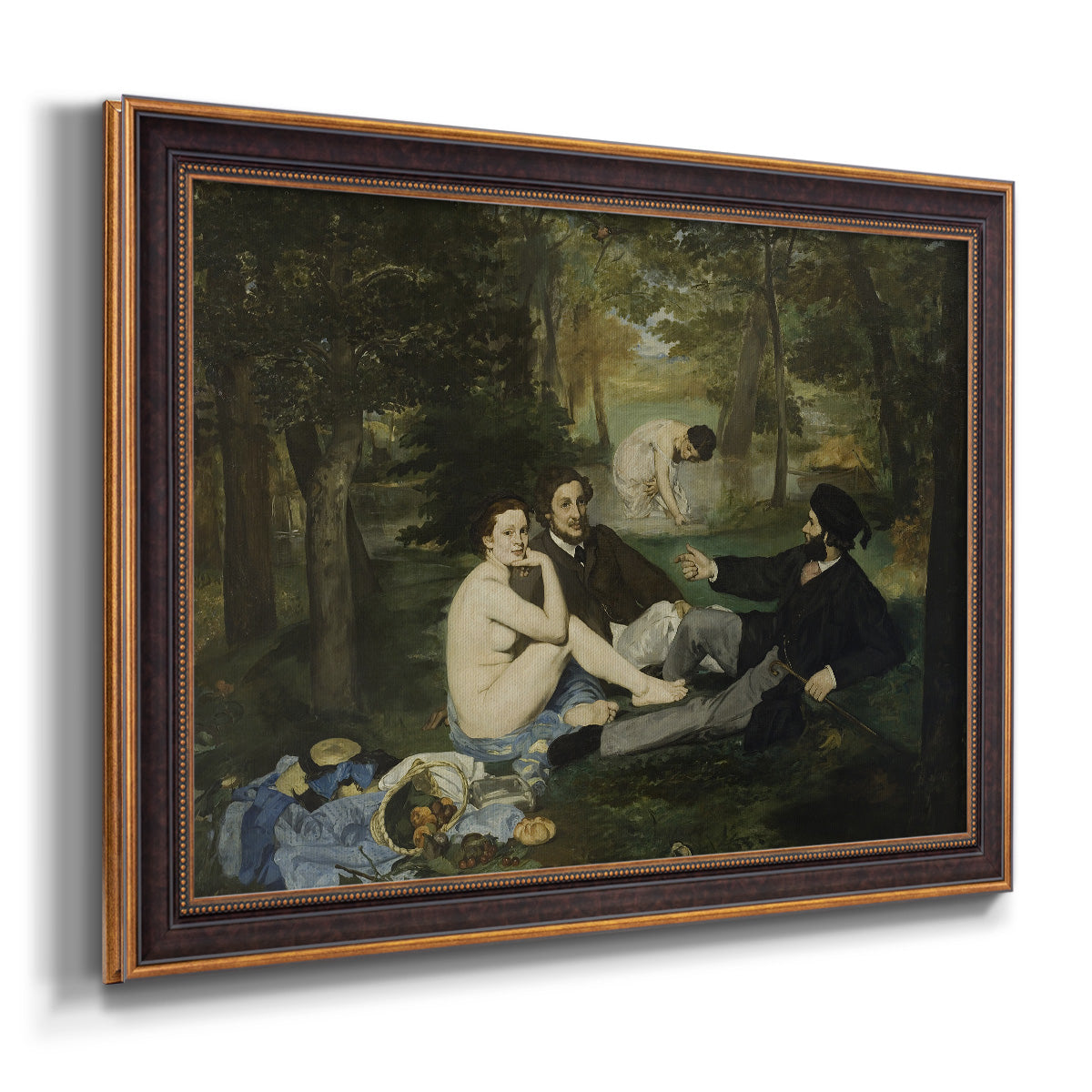 Groundbreaking impressionist picnic scene by Édouard Manet printed on canvas in an ornate bronzed mahogany wood frame.