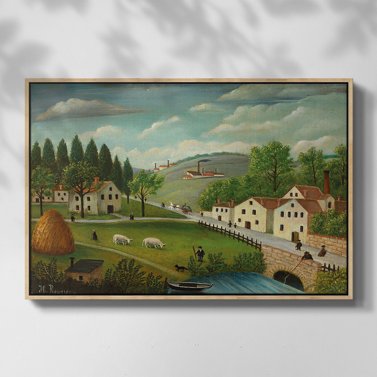 Pastoral Landscape with Stream, Fisherman and Strollers, 1875-1880 - Floater Framed Canvas Print