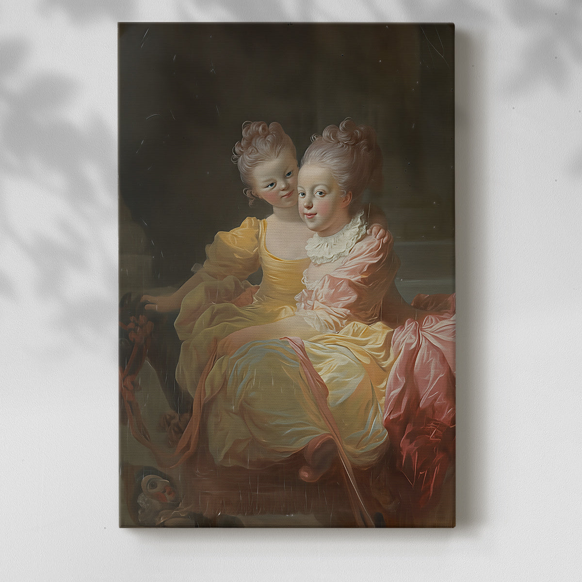 Canvas art print of a refined double portrait with delicate detail with a soft shadow on a white background.