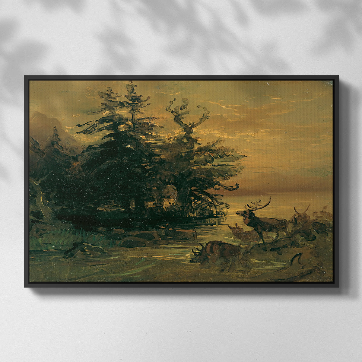 Wallowing Deer on the Shore of a Mountain Lake, c. 1850 - Floater Framed Canvas Print