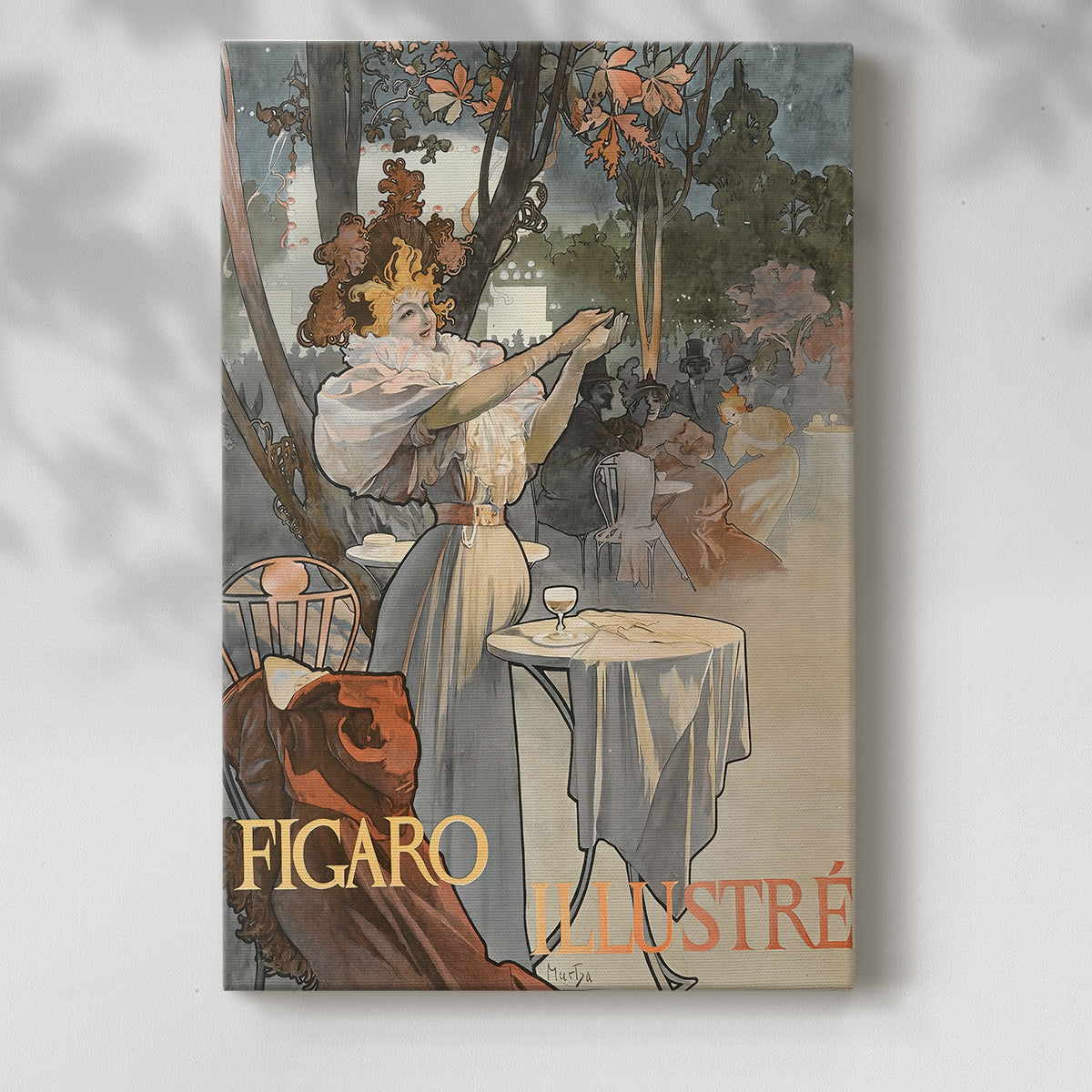 Canvas art print of a vintage advertisement featuring a stylized figure and decorative text with a soft shadow on a white background.