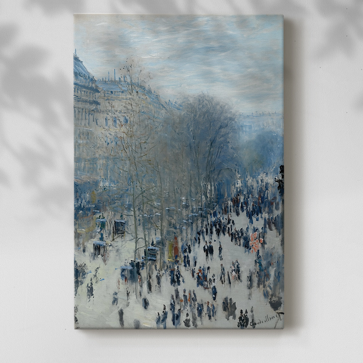 Canvas art print of a bustling street with crowds and loose brushwork with a soft shadow on a white background.