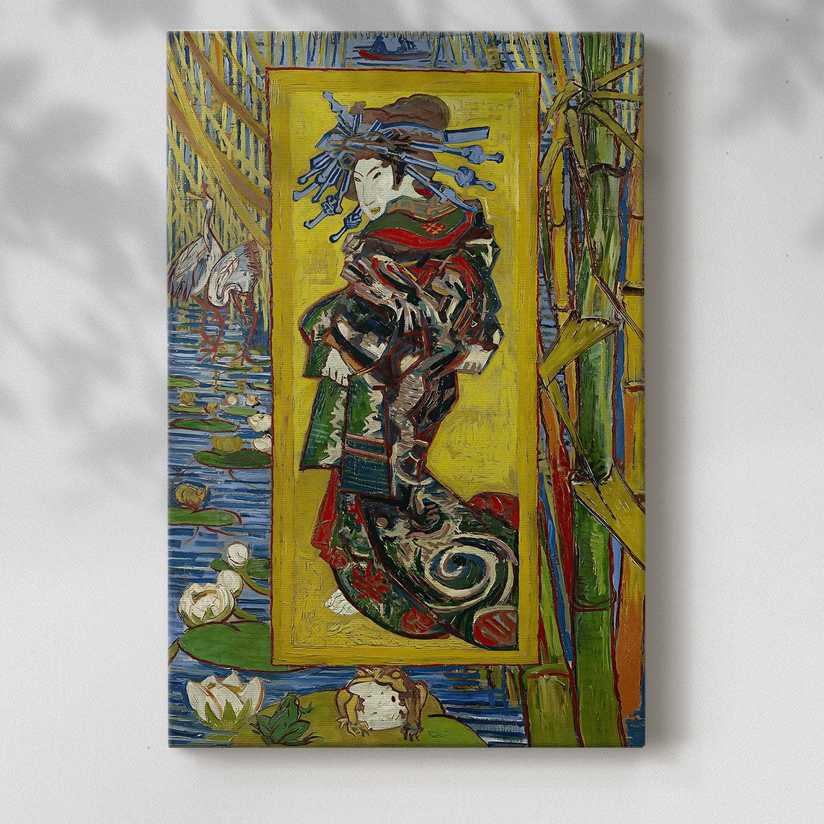 Canvas art print of a stylized figure with decorative elements and strong tones with a soft shadow on a white background.