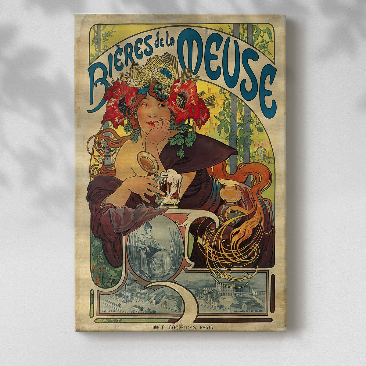 Canvas art print of a vintage advertisement featuring a stylized woman and decorative typography with a soft shadow on a white background.