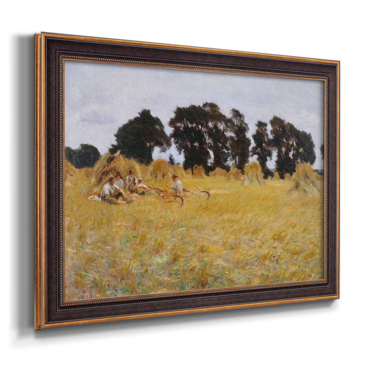 Impressionist rural harvest scene by John Singer Sargent printed on canvas in an ornate bronzed mahogany wood frame.