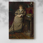 Canvas art print of a refined female portrait with soft lighting and dark background with a soft shadow on a white background.