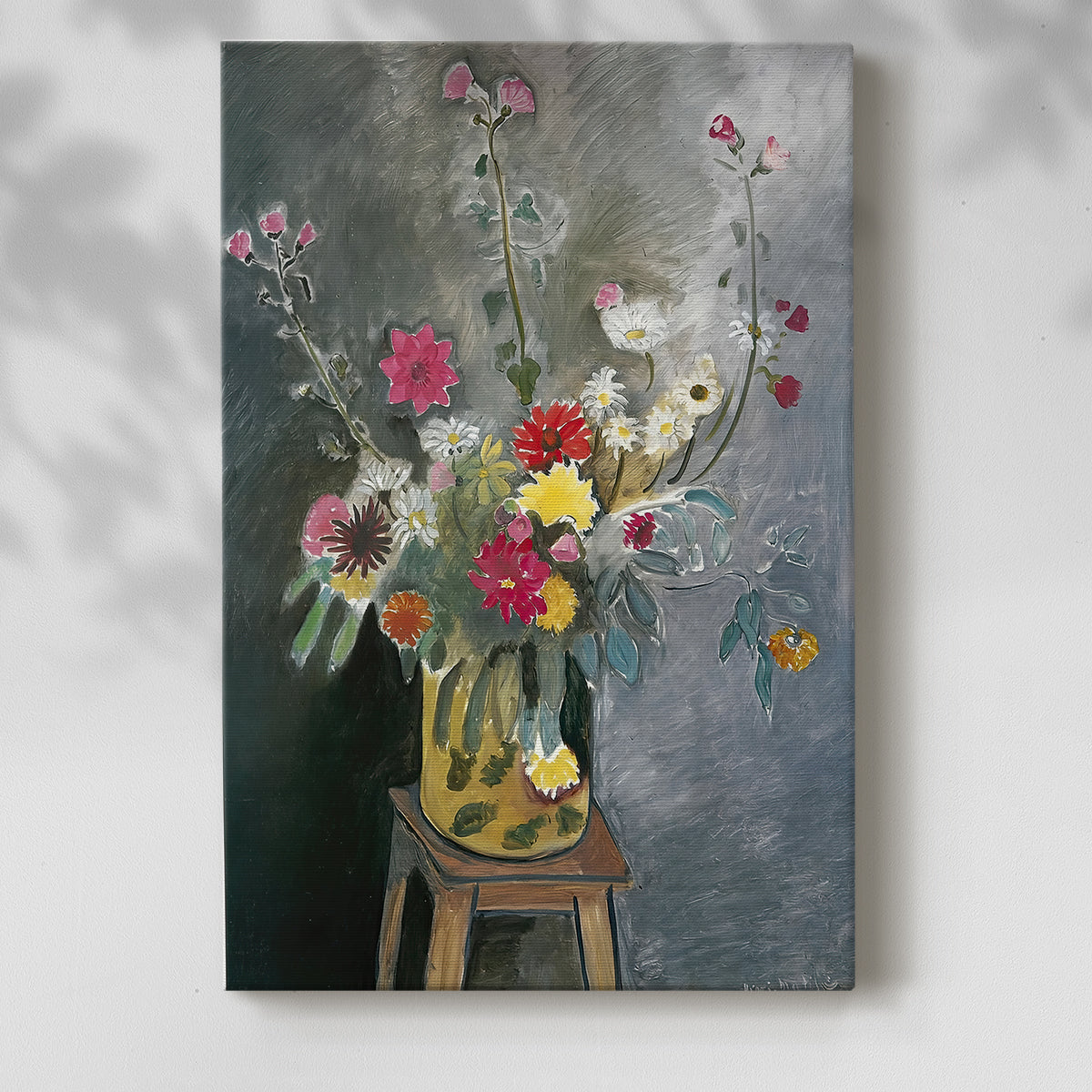 Canvas art print of a floral composition with bold tones and expressive texture with a soft shadow on a white background.