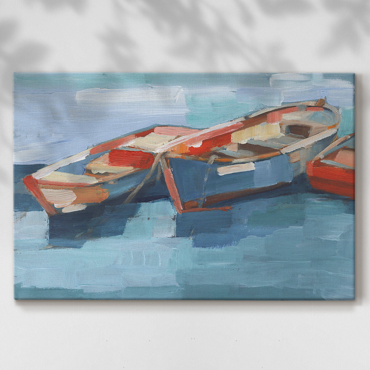 Colorful boats float calmly on the water, capturing a serene maritime atmosphere in a vibrant artistic style