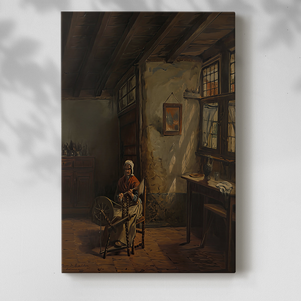Canvas art print of a domestic moment with a figure at work in a quiet room with a soft shadow on a white background.