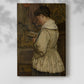 Canvas art print of a gentle composition with a seated child and warm light with a soft shadow on a white background.