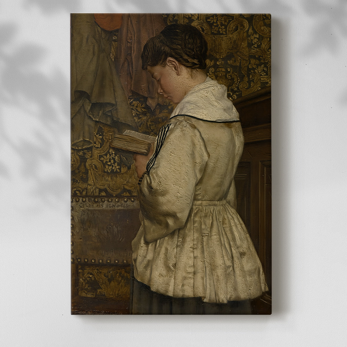 Canvas art print of a gentle composition with a seated child and warm light with a soft shadow on a white background.