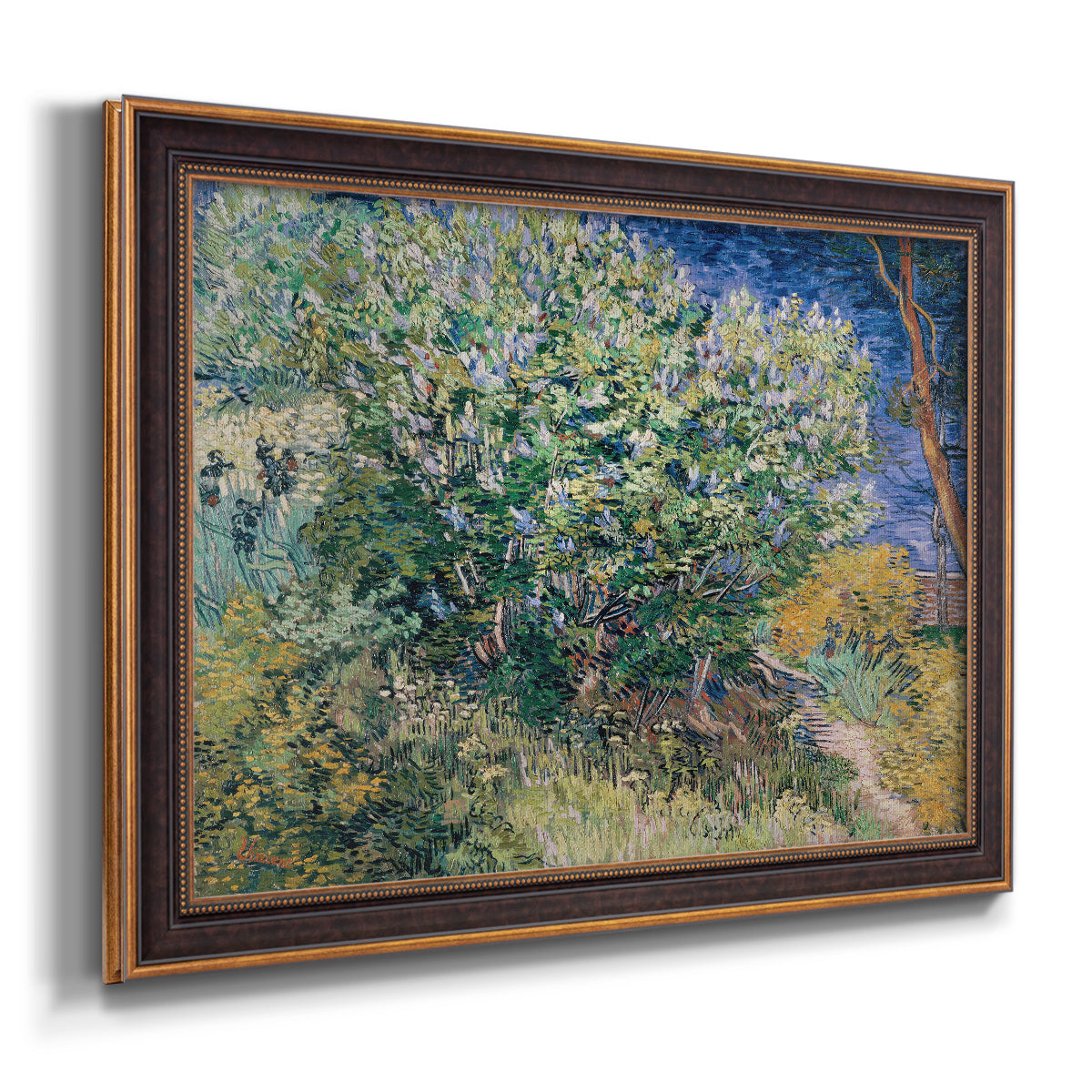 Impressionist lilac flower painting by Vincent van Gogh printed on canvas in an ornate bronzed mahogany wood frame.
