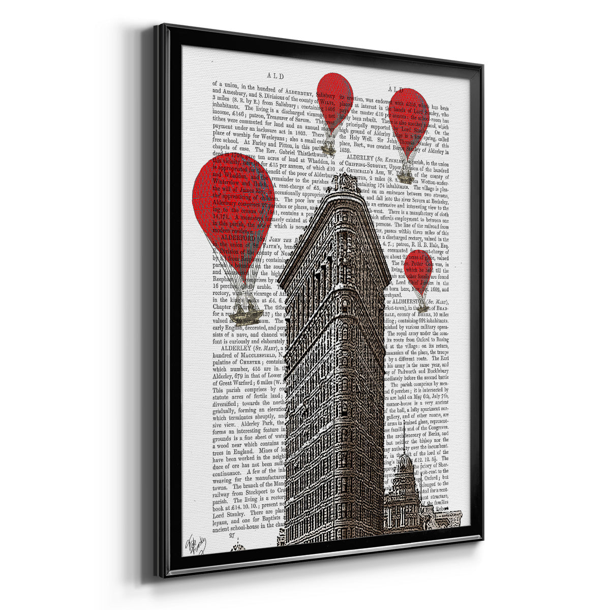 Flat Iron Building and Red Hot Air Balloons - Modern Framed Canvas Print
