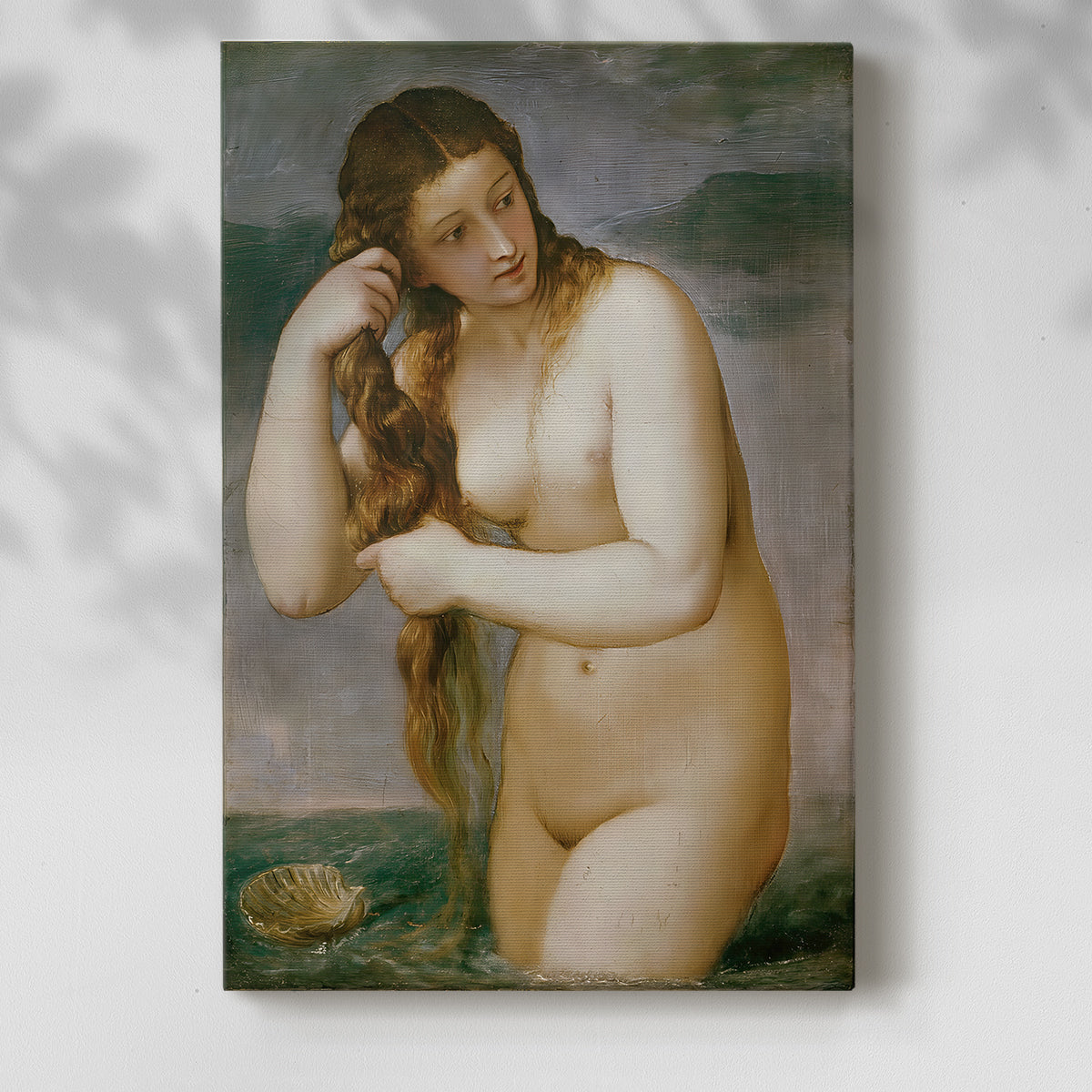 Canvas art print of a classical figure with flowing form and gentle tones with a soft shadow on a white background.