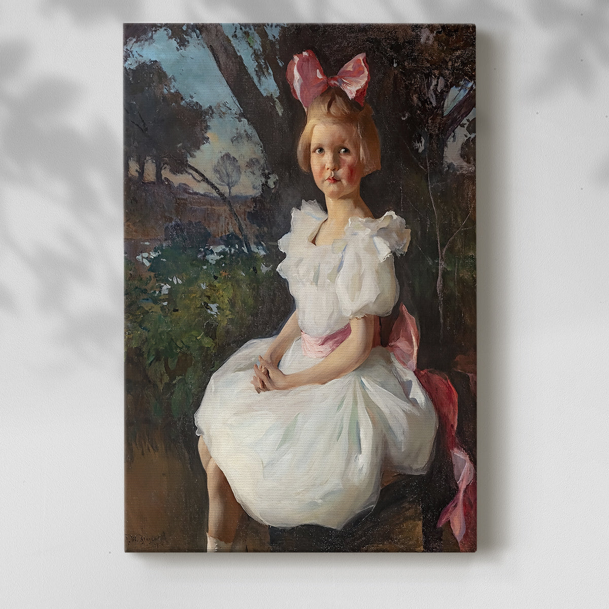 Canvas art print of a graceful figure with flowing fabric and gentle tones with a soft shadow on a white background.