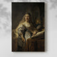 Canvas art print of a quiet interior with figure and books in warm tones with a soft shadow on a white background.