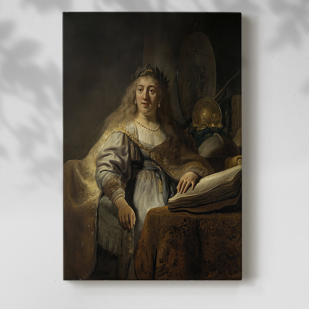 Canvas art print of a quiet interior with figure and books in warm tones with a soft shadow on a white background.