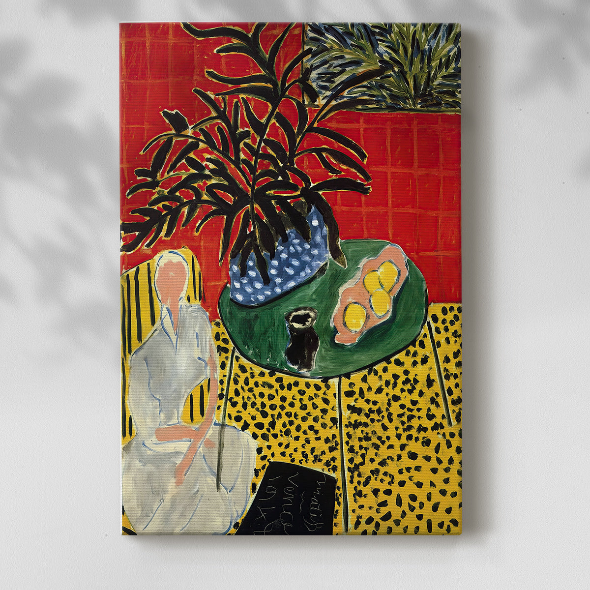 Canvas art print of a stylized room with plant form and bold color contrast with a soft shadow on a white background.