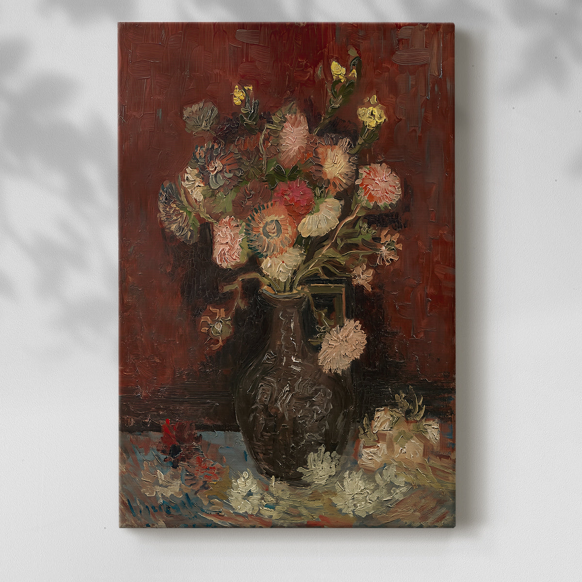Canvas art print of a vibrant floral arrangement with layered blooms and strong strokes with a soft shadow on a white background.