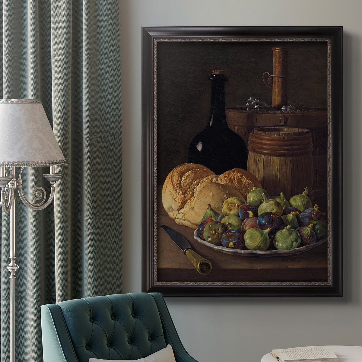 Realist still life with figs and bread by Luis Meléndez in an ornate black frame with gilded inner detail displayed in a neutral interior setting.