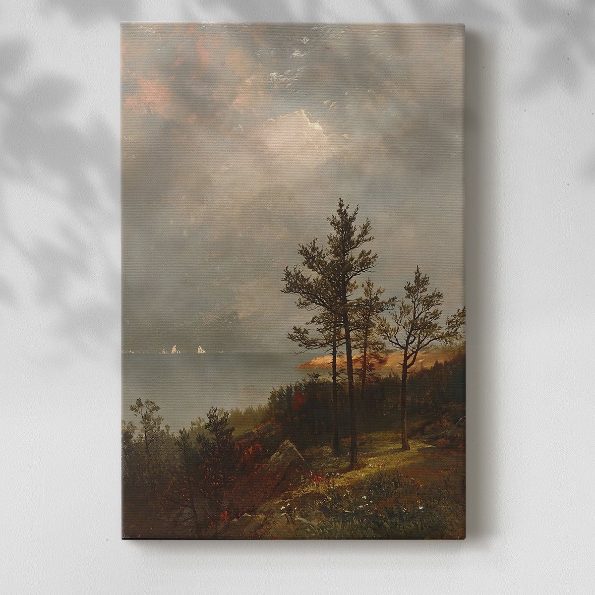 Canvas art print of a coastal scene with dramatic sky and reflective surface with a soft shadow on a white background.
