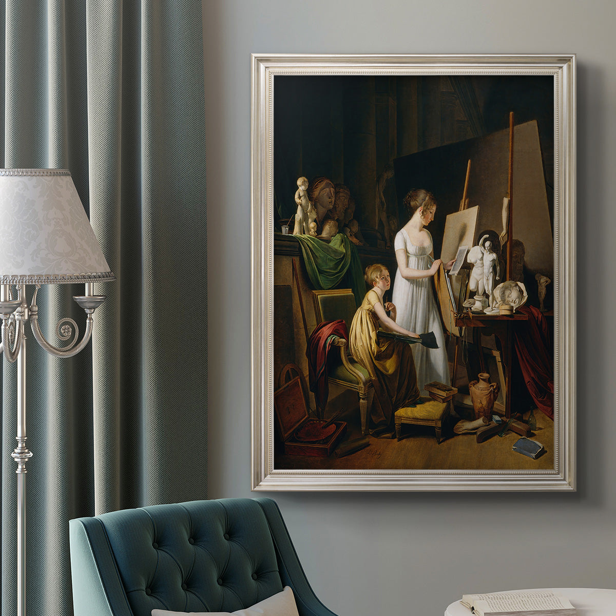 Classical interior painting of an artist at work by Louis-Leopold Boilly in an ornate champagne frame displayed in a neutral interior setting.
