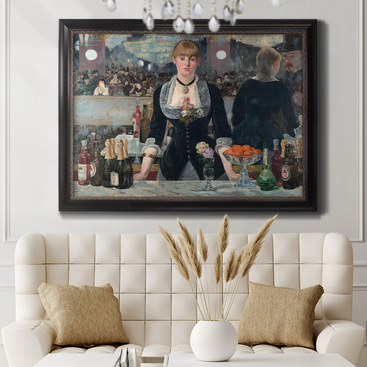Iconic impressionist café bar scene by Édouard Manet in an ornate black frame with gilded inner detail displayed in a neutral-toned interior setting.